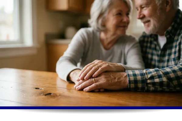 Older couple holding hands at home