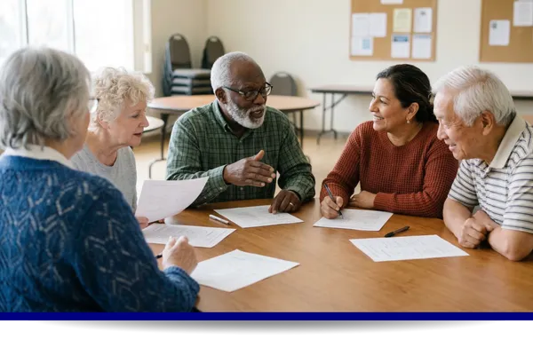 Older adults collaborating in a workshop