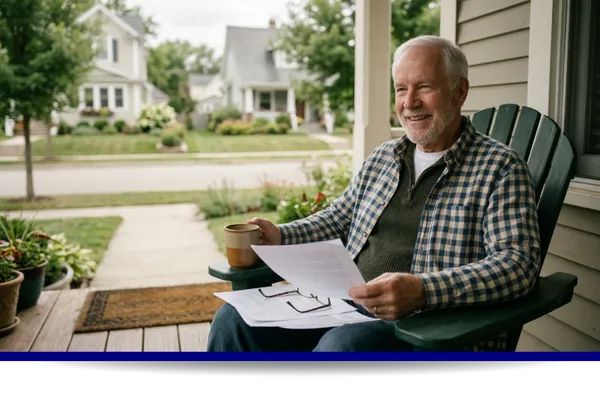 Retired man reviewing documents on a porch
