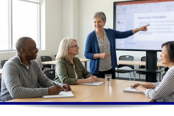 Instructor pointing to a classroom presentation