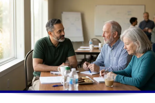 Older couple talking with an advisor